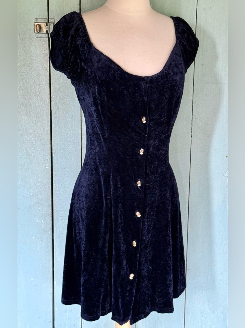 VTG Mica Bodycon Dress Blue Velvet Stretch Mini Swing Scooped Neck S/M
